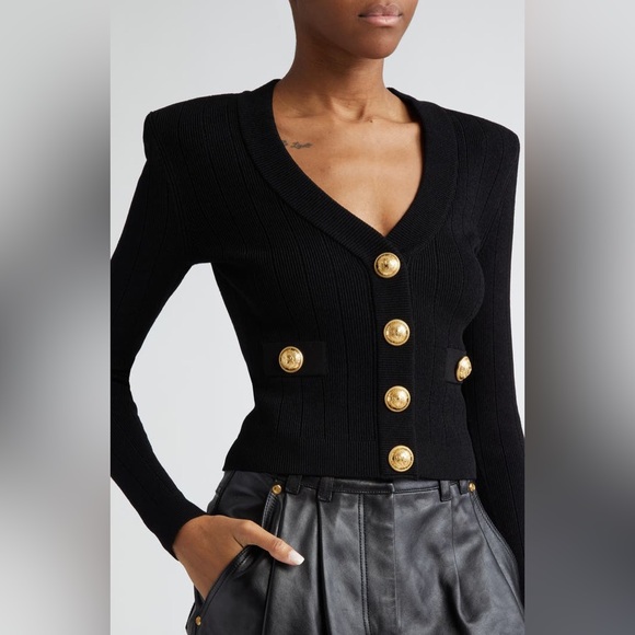 Balmain V-Neck Crop Pointelle Rib Cardigan in Black - Picture 1 of 7
